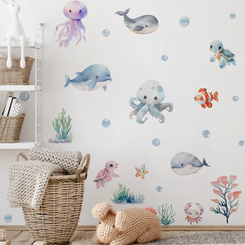 Adhesivo de pared de ballena acuarela con animales marinos - imagen 4
