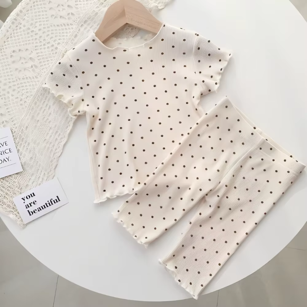 Conjunto pijama de lunares manga larga niña, estilo coreano