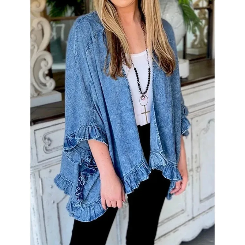 Chaqueta vaquera vintage de mujer holgada con bolsillos y volante - imagen 5