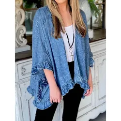 Chaqueta vaquera vintage de mujer holgada con bolsillos y volante