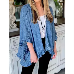 Chaqueta vaquera vintage de mujer holgada con bolsillos y volante