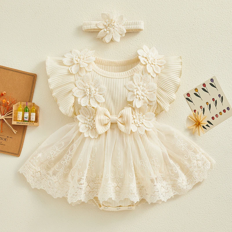 Pelele para niña recién nacida – Vestido de encaje con volantes y diadema - imagen 2