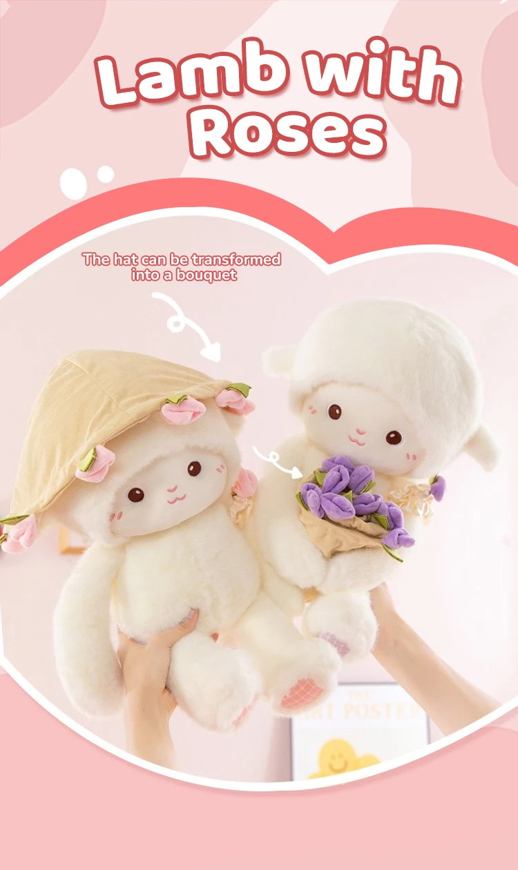 Cordero de peluche con sombrero y ramo de rosas