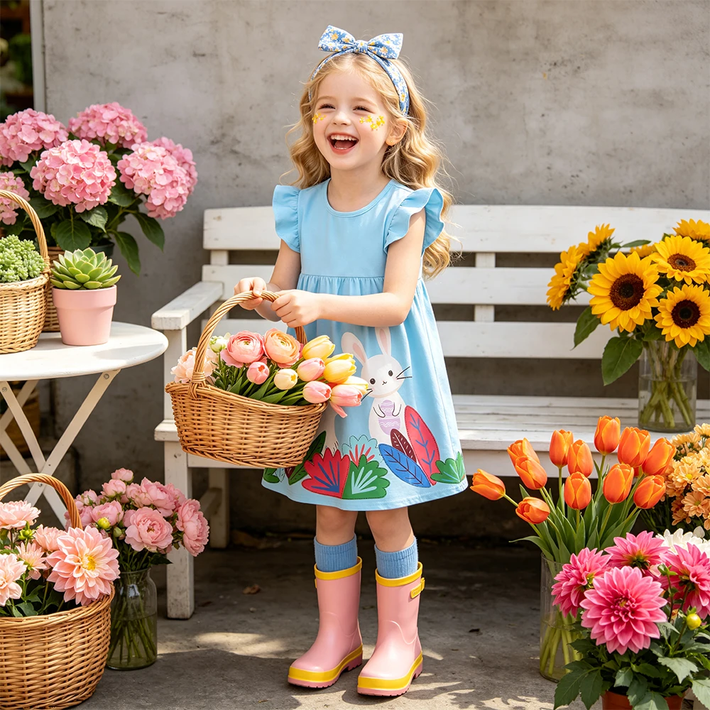 Estampado con conejitos y flores, estilo alegre para bebés y niñas