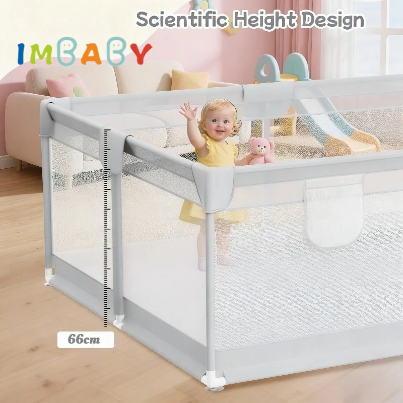 IMBABY Corralito para bebé gris con anillo de tracción y barrera - imagen 4