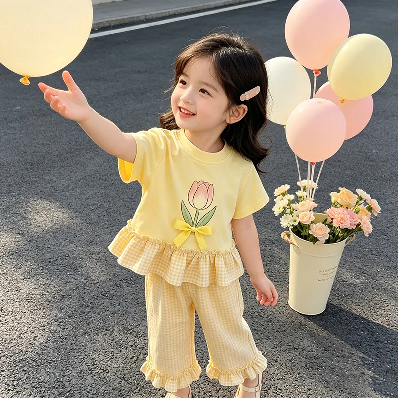 Conjunto de verano niña Somenie con camiseta a cuadros y lazo - imagen 3