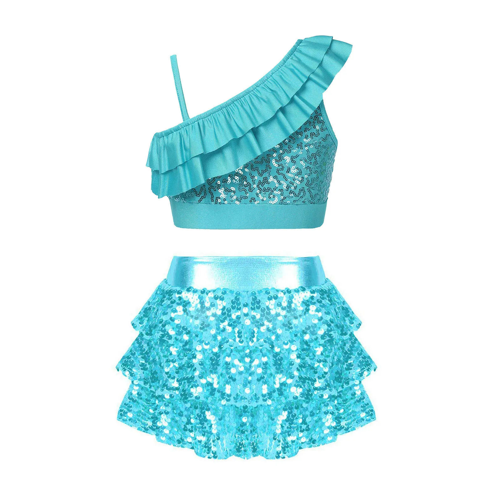 Conjunto de baile Jazz Hip Hop niña con lentejuelas y falda escalonada - imagen 3