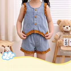 Conjunto de verano niña chaleco lazo corazón hueco y shorts vaquero