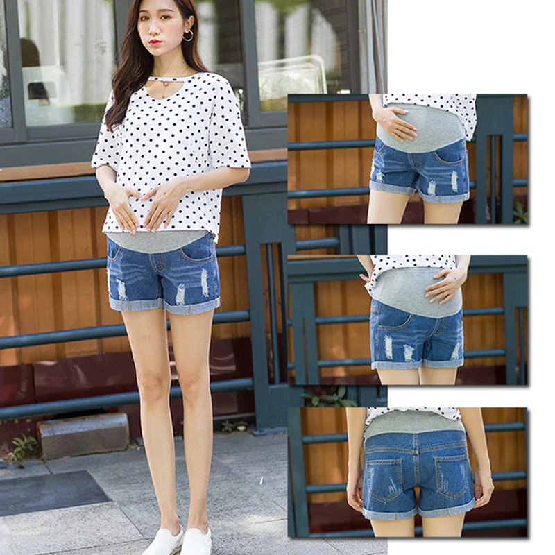 Jeans cortos de embarazo con cintura alta en denim azul holgado - imagen 2