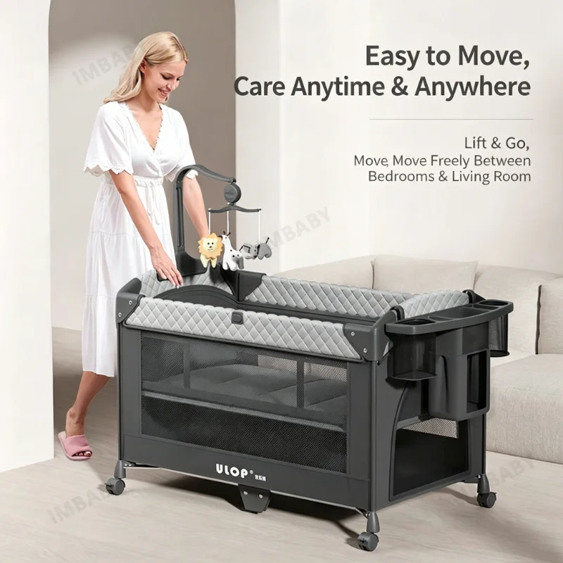 IMBABY Cuna plegable portátil con cambiador y ruedas para bebé - imagen 4