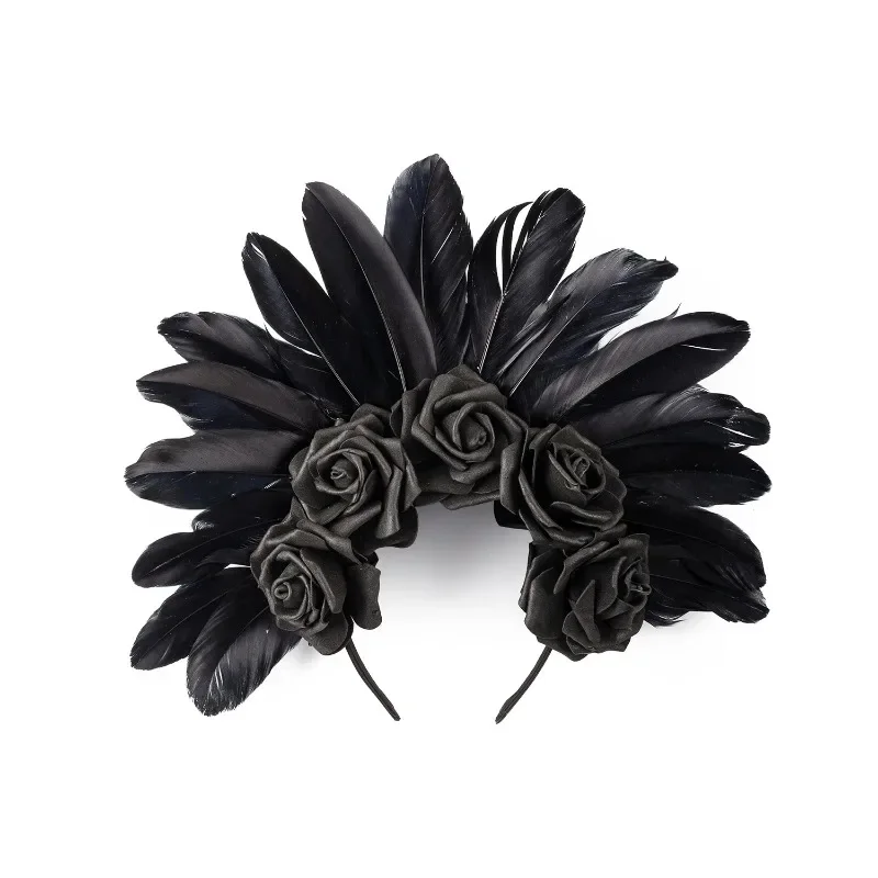 Diadema floral Día de los Muertos Halloween de rosas y plumas