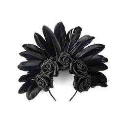 Diadema floral Día de los Muertos Halloween de rosas y plumas
