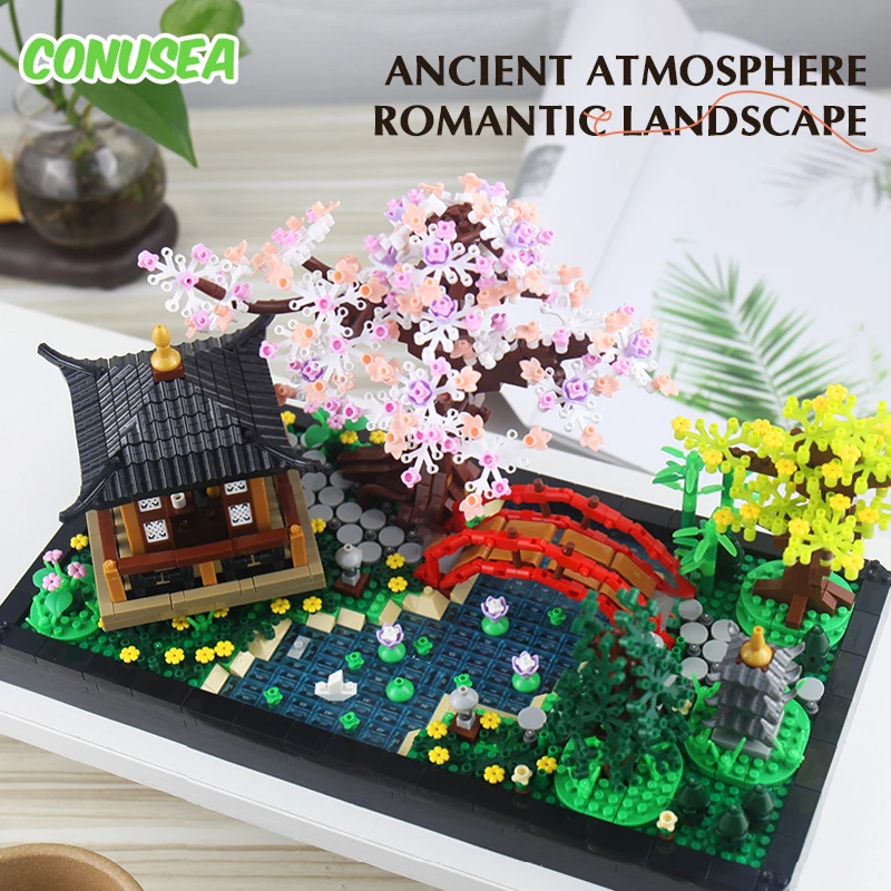 Bloques de construcción pabellón jardín zen chino con flores - imagen 3