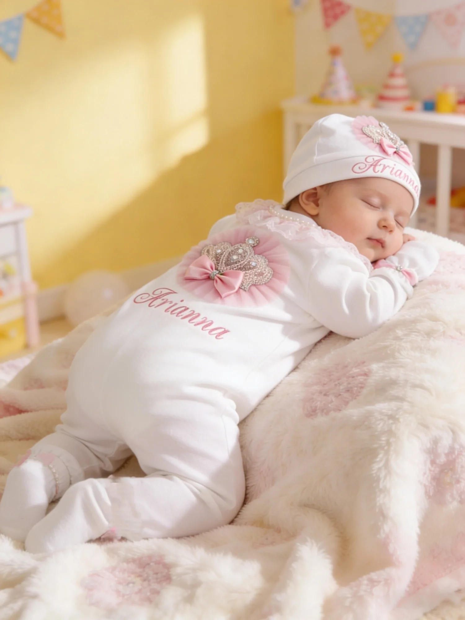Conjunto de corona rosa bebé niña bordada con nombre para bautizo - imagen 3