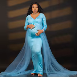 Vestido de maternidad para bautizo, manga larga y cola