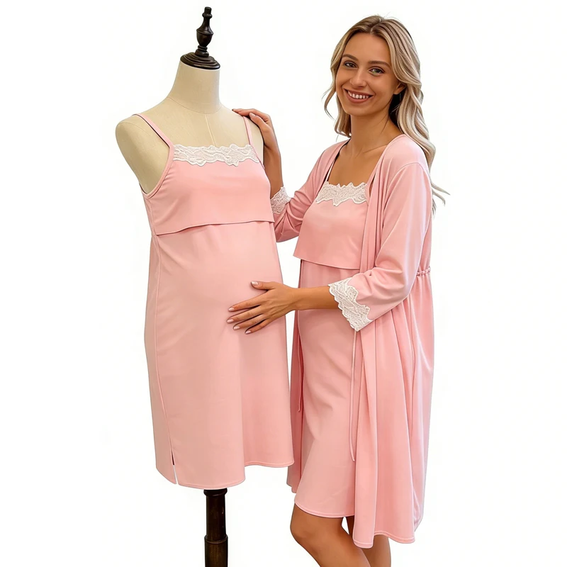 Pijama lactancia con bata encaje para maternidad - imagen 4