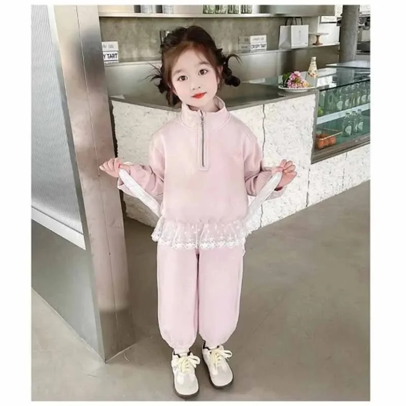 Conjunto de sudadera y pantalón infantil – Diseño con encaje para primavera - imagen 2