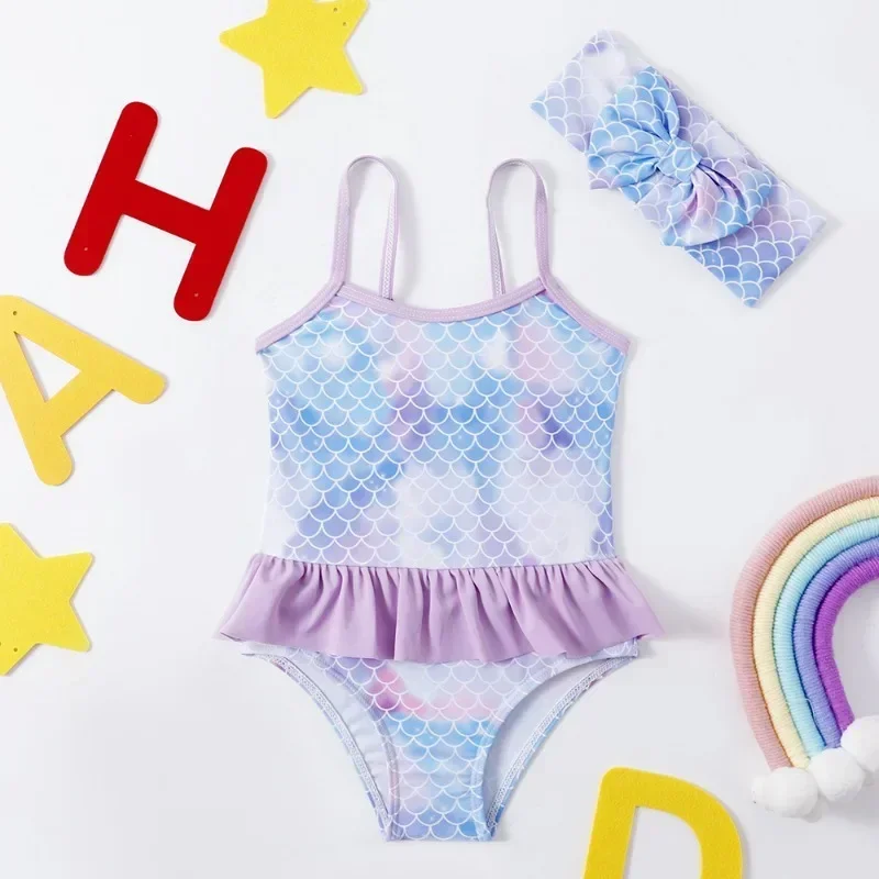 Traje de baño una pieza niña estampado sirena con volantes para playa