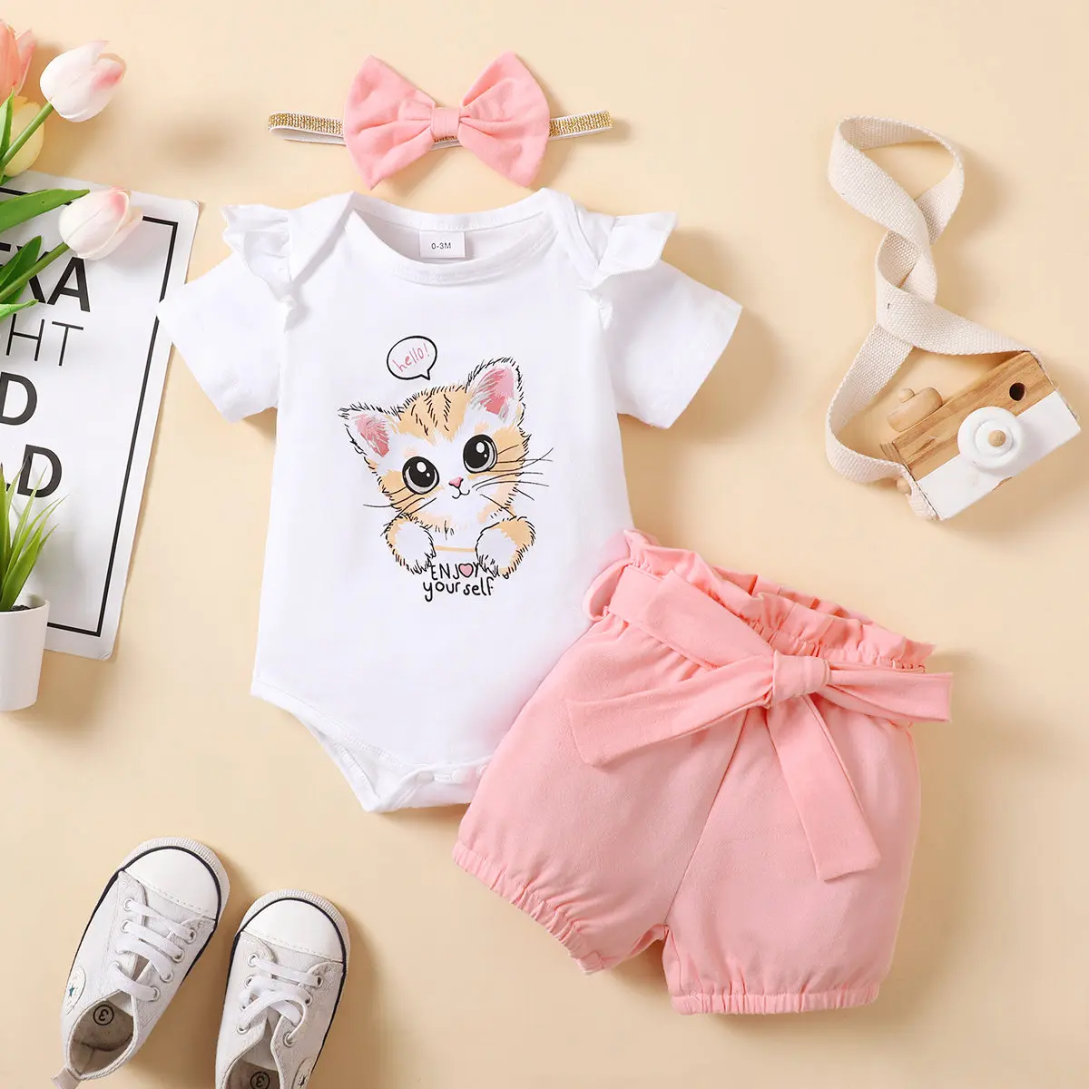 Conjunto mono gatito con diadema para bebé recién nacida verano