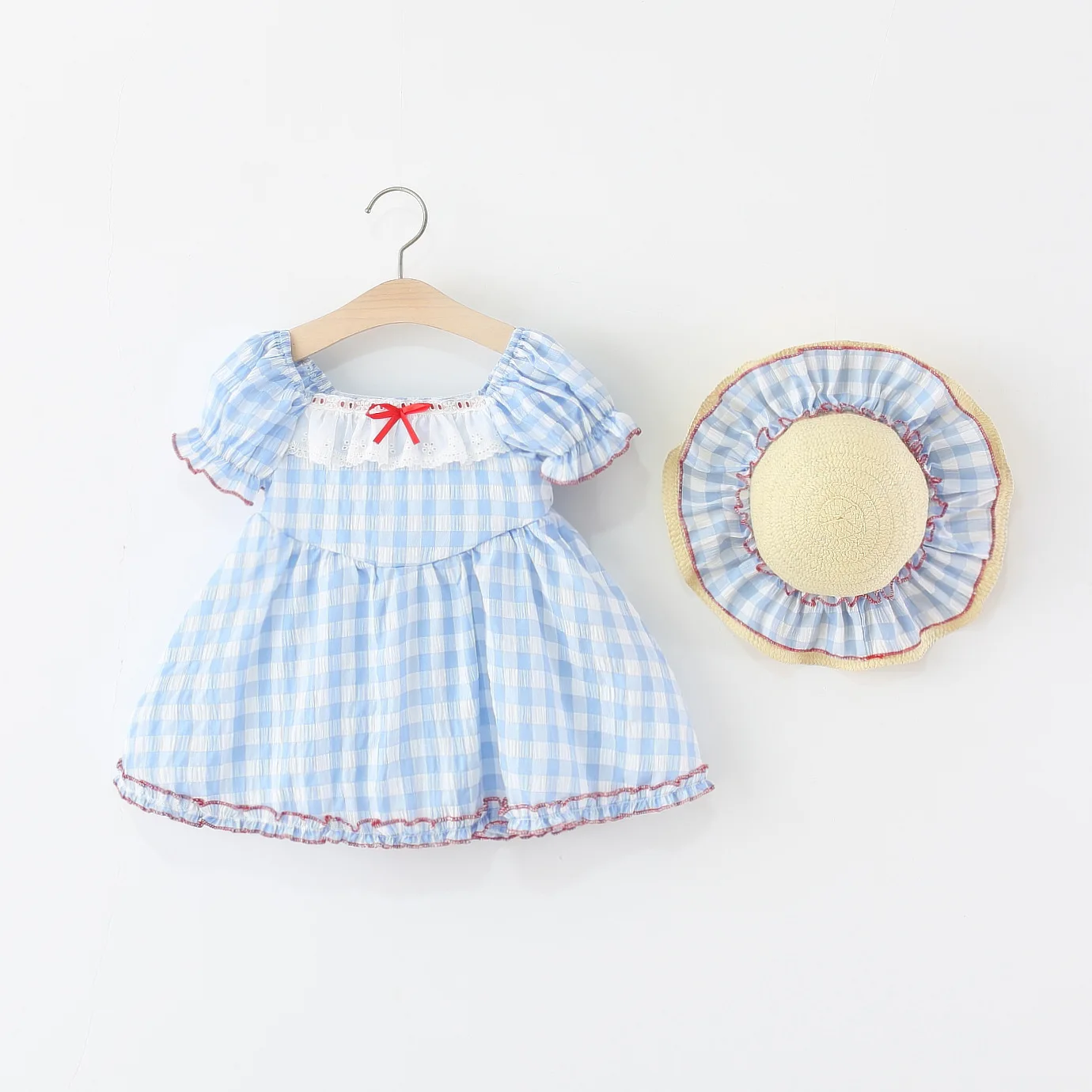 Vestido de verano de 2 piezas para niñas con estampado de cuadros azules