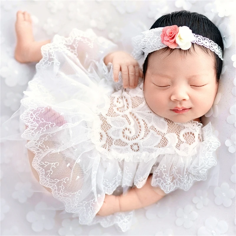 Vestido princesa encaje y diadema flores fotos recién nacido - imagen 4