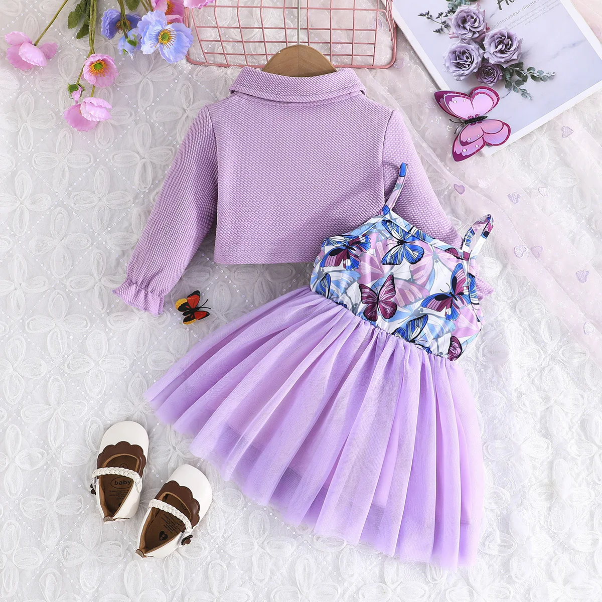 Conjunto bebé primavera: abrigo mariposa + vestido con lazo - imagen 4