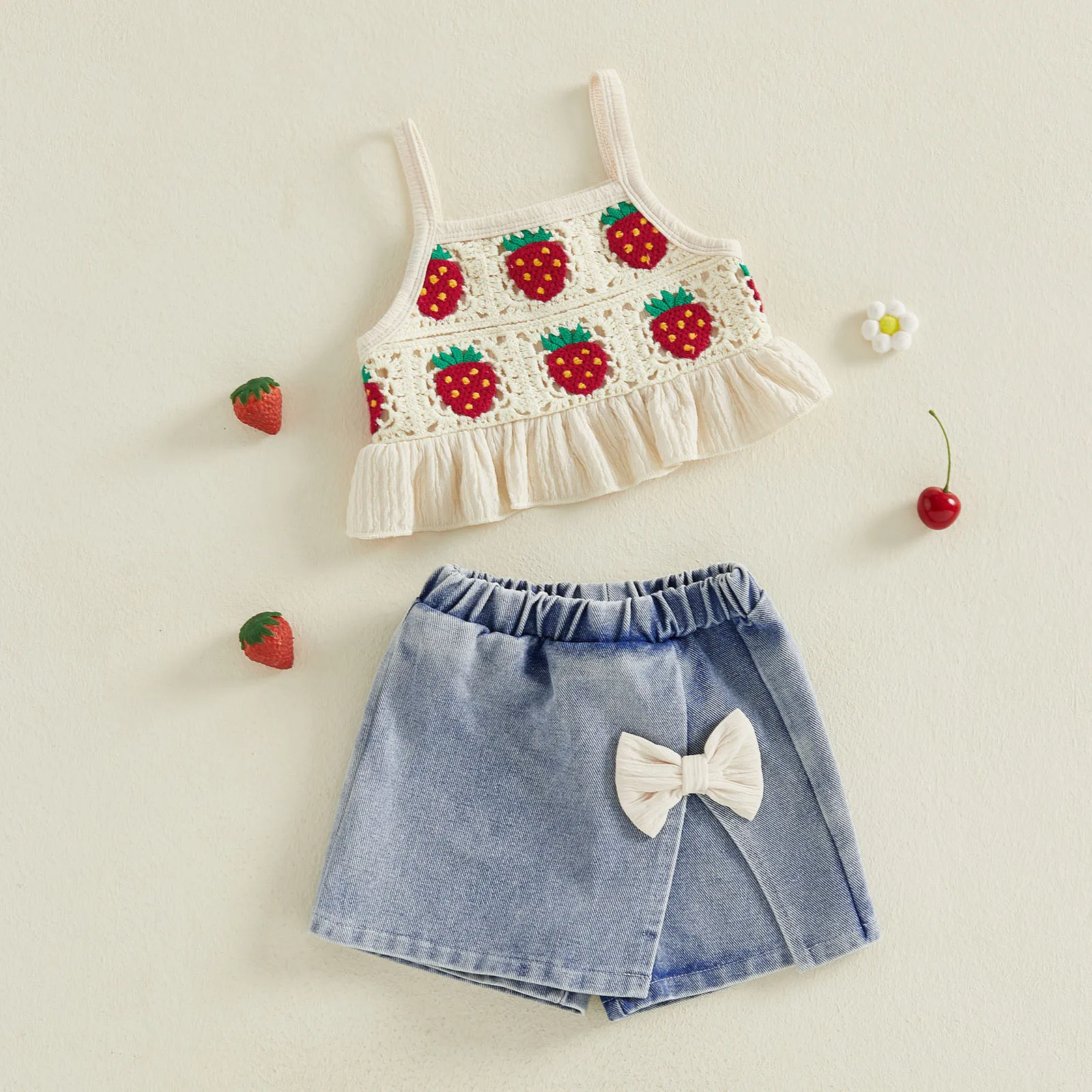 Conjunto verano bebé niña de algodón con falda pantalón vaquera y lazo