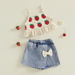 Conjunto verano bebé niña de algodón con falda pantalón vaquera y lazo
