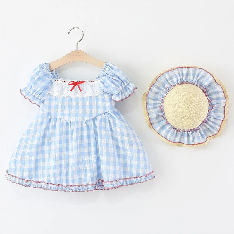 Vestido de verano para niña con lazo a cuadros azules y sombrero