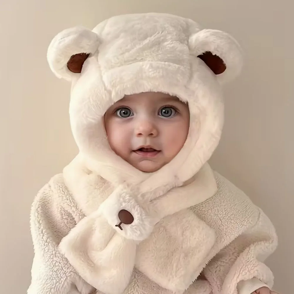 Conjunto gorro y bufanda de oso de peluche con orejas para niña