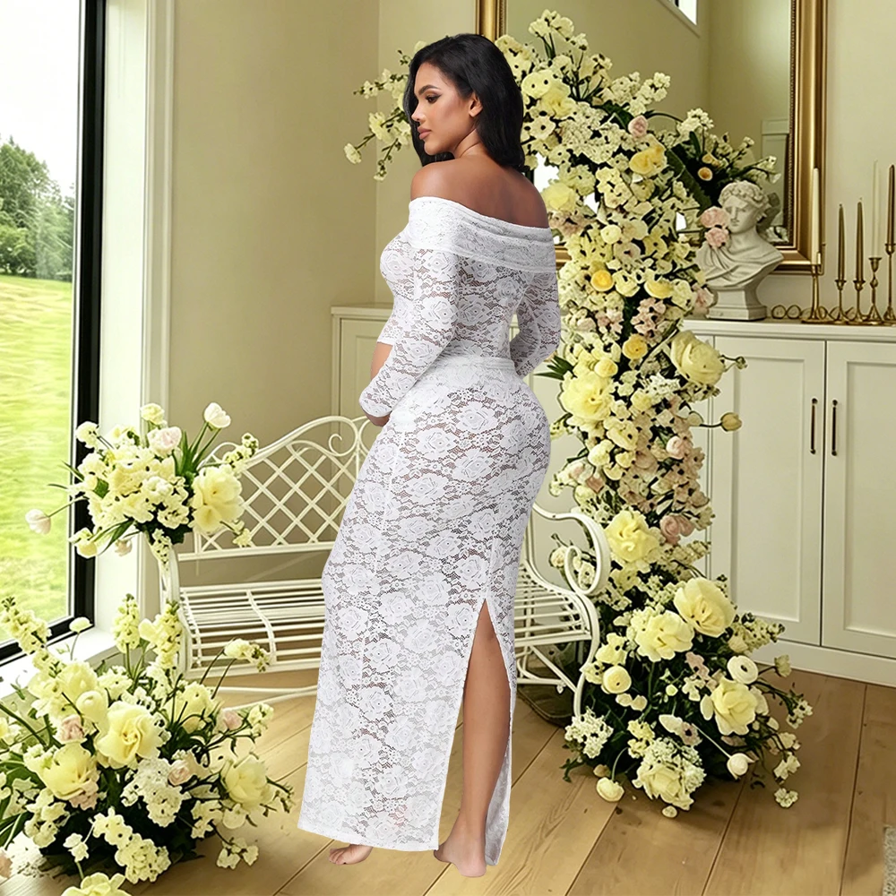 Conjunto de maternidad de encaje con vestido hombros descubiertos - imagen 3