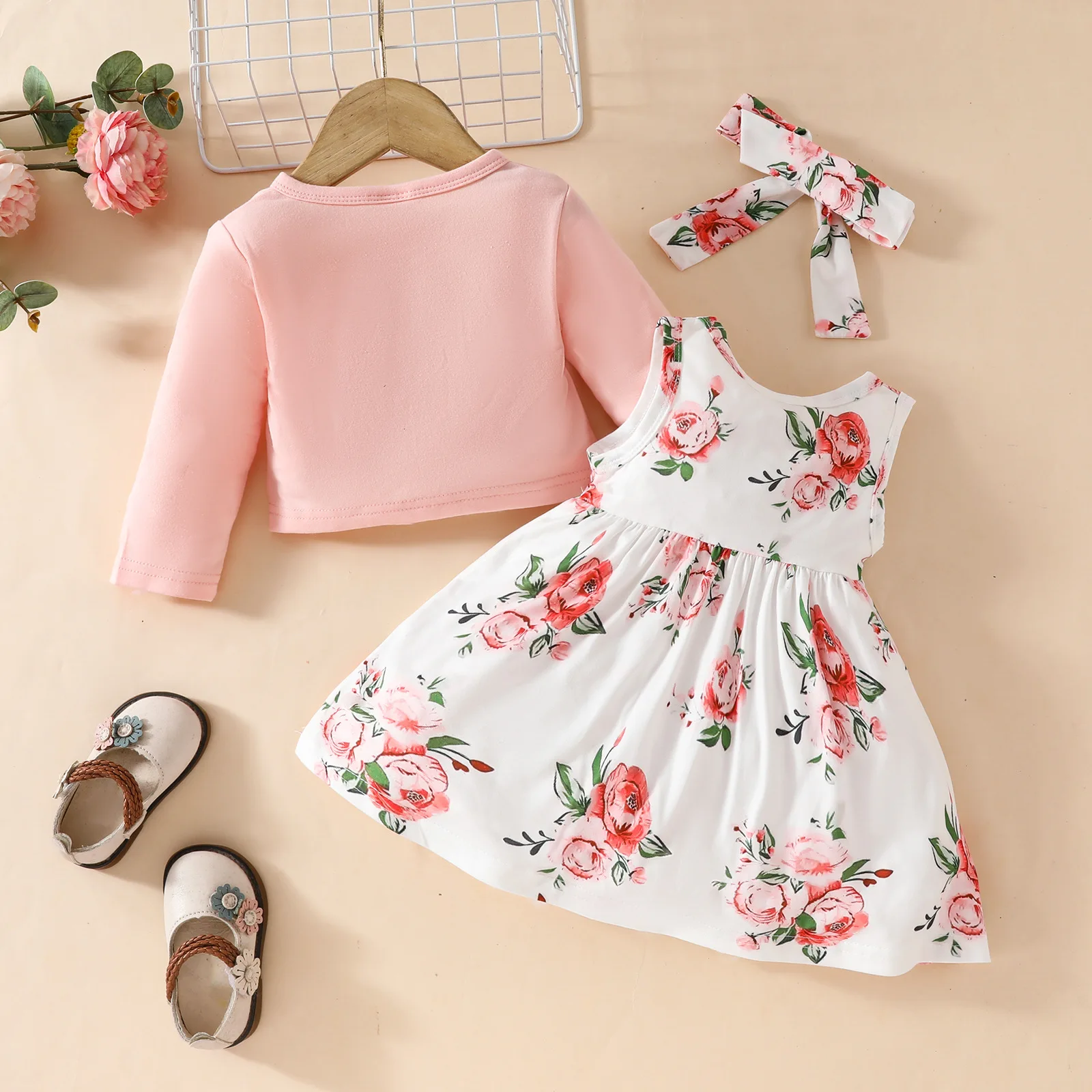 Conjunto bebé niña primavera-verano: top flores, vestido y diadema - imagen 5