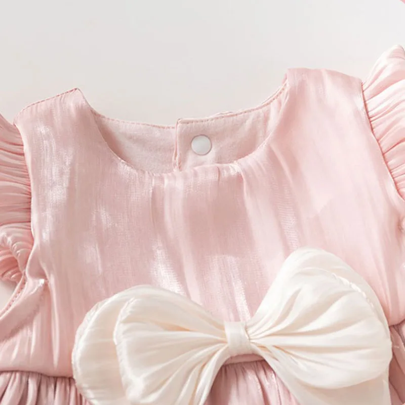 Vestido de niña sin mangas de malla rosa con lazo estilo coreano - imagen 4