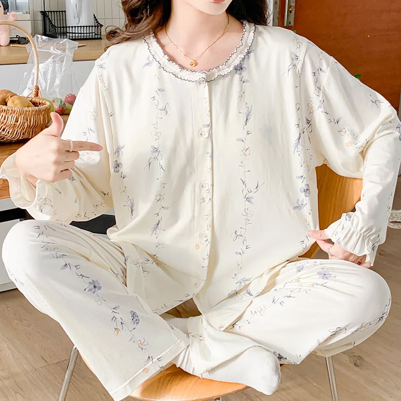 Pijama de lactancia de algodón con encaje para embarazo y posparto - imagen 2