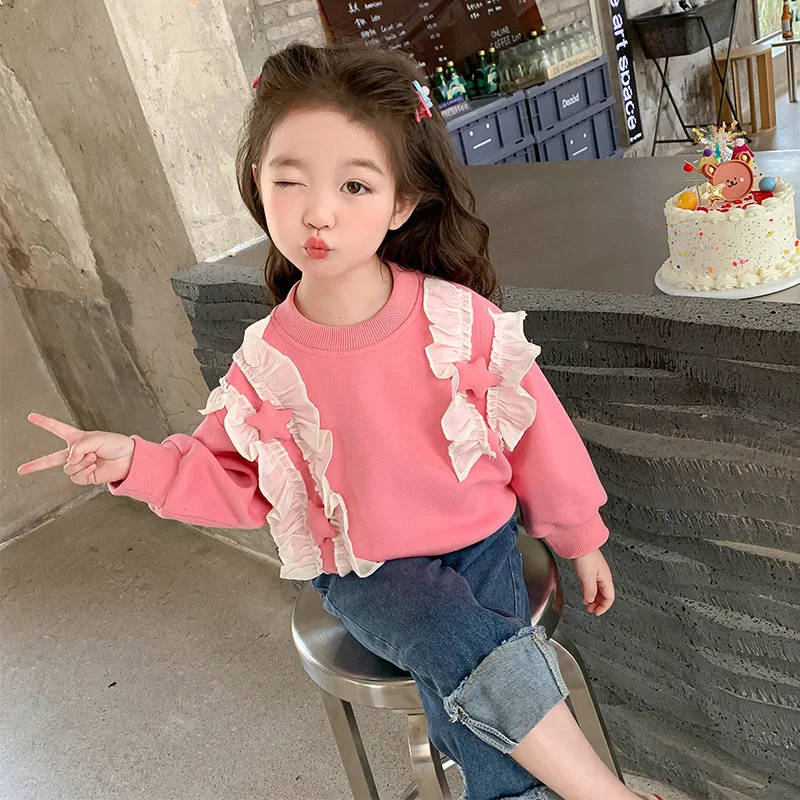 Sudadera de primavera para niña con cuello redondo y encaje fino - imagen 4