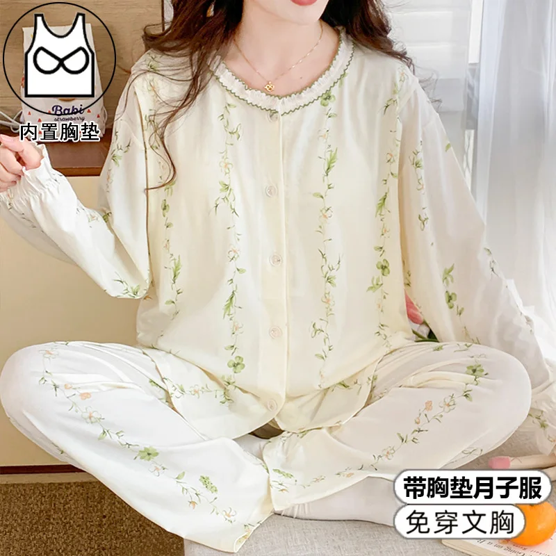 Pijama de lactancia de algodón con encaje para embarazo y posparto - imagen 3