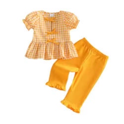 VISgogo Conjunto de verano para niña con camiseta a cuadros y volantes