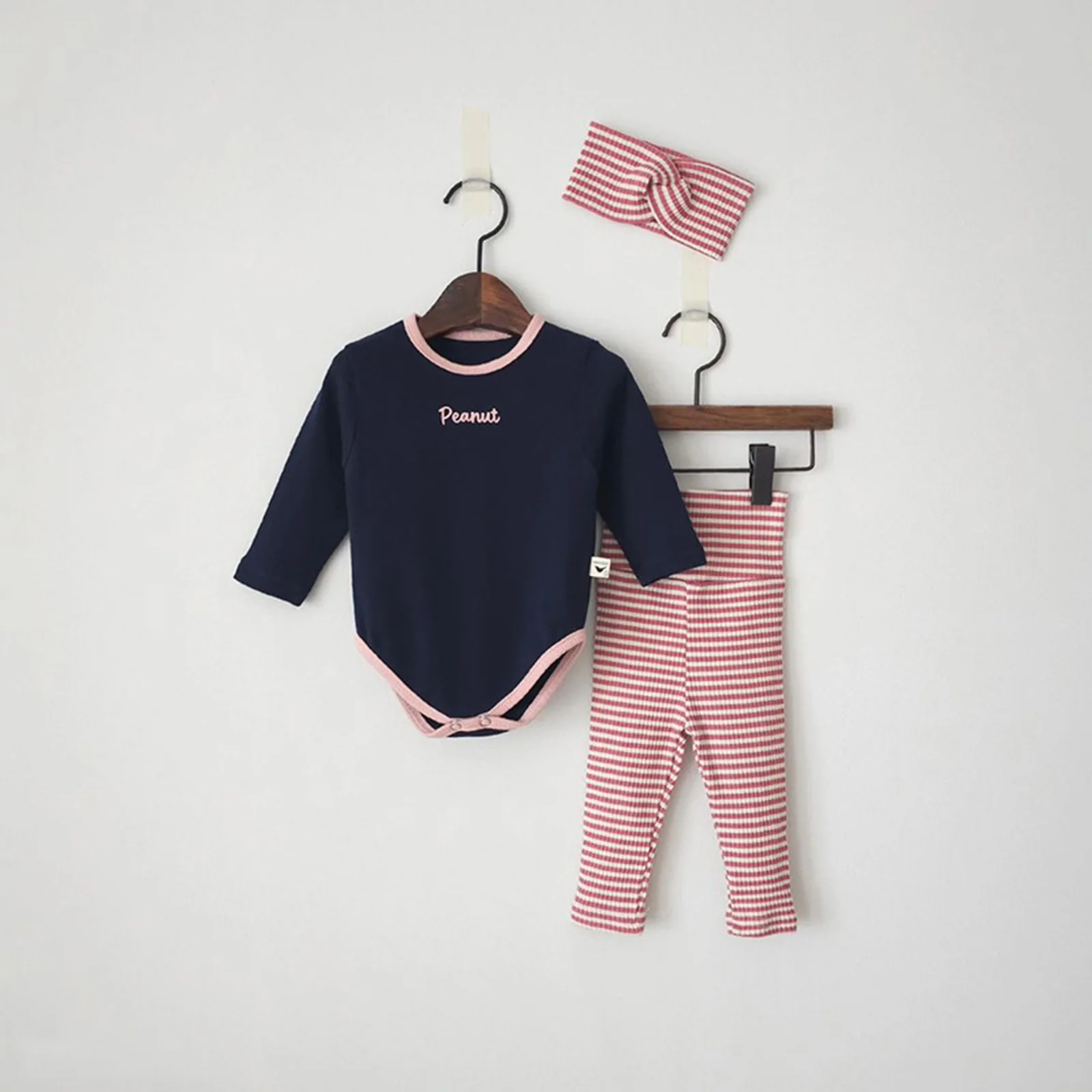 Conjunto bebé manga larga a rayas con pelele y diadema primavera-otoño - imagen 4
