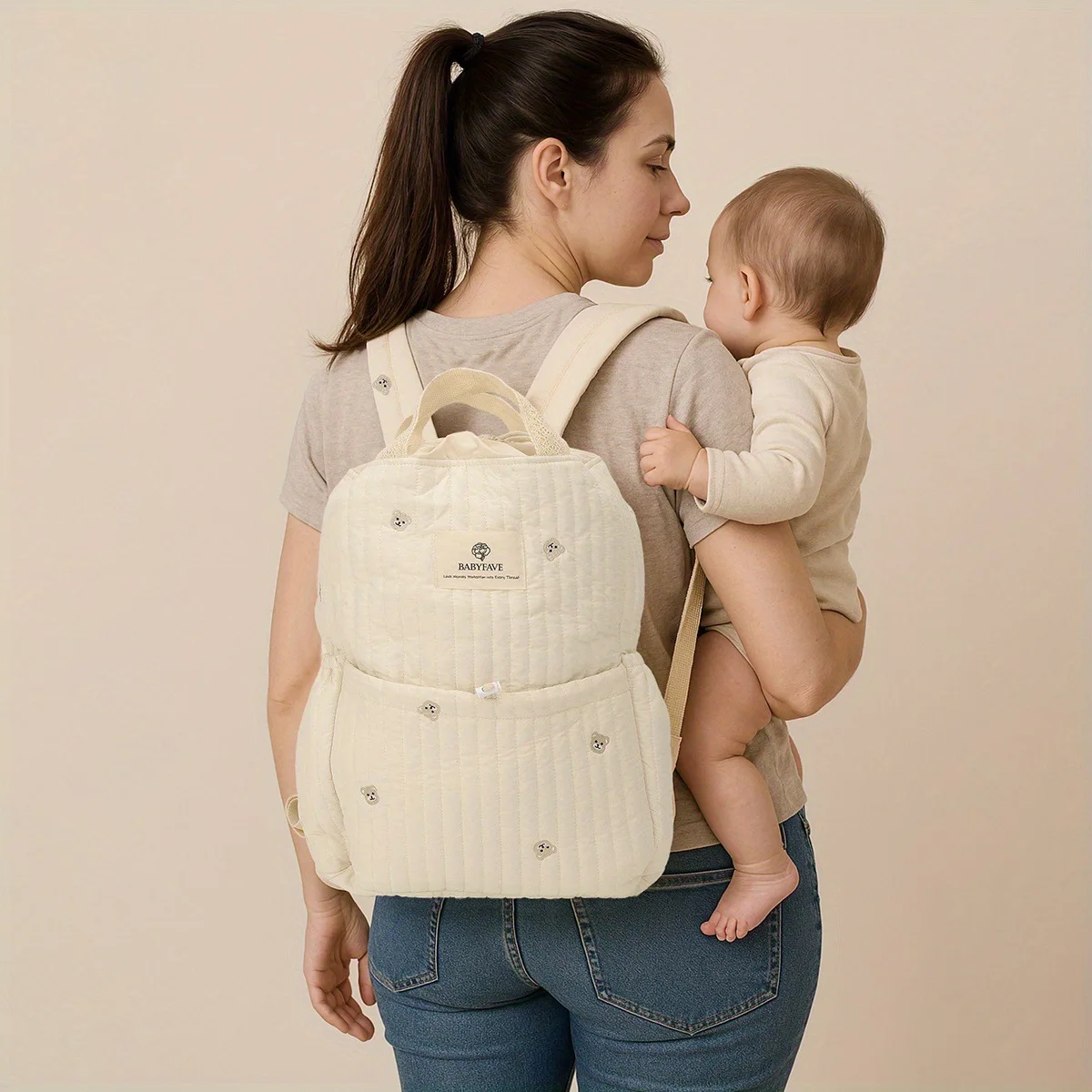 Bolsa de pañales portátil mochila maternidad con oso y gran capacidad - imagen 2