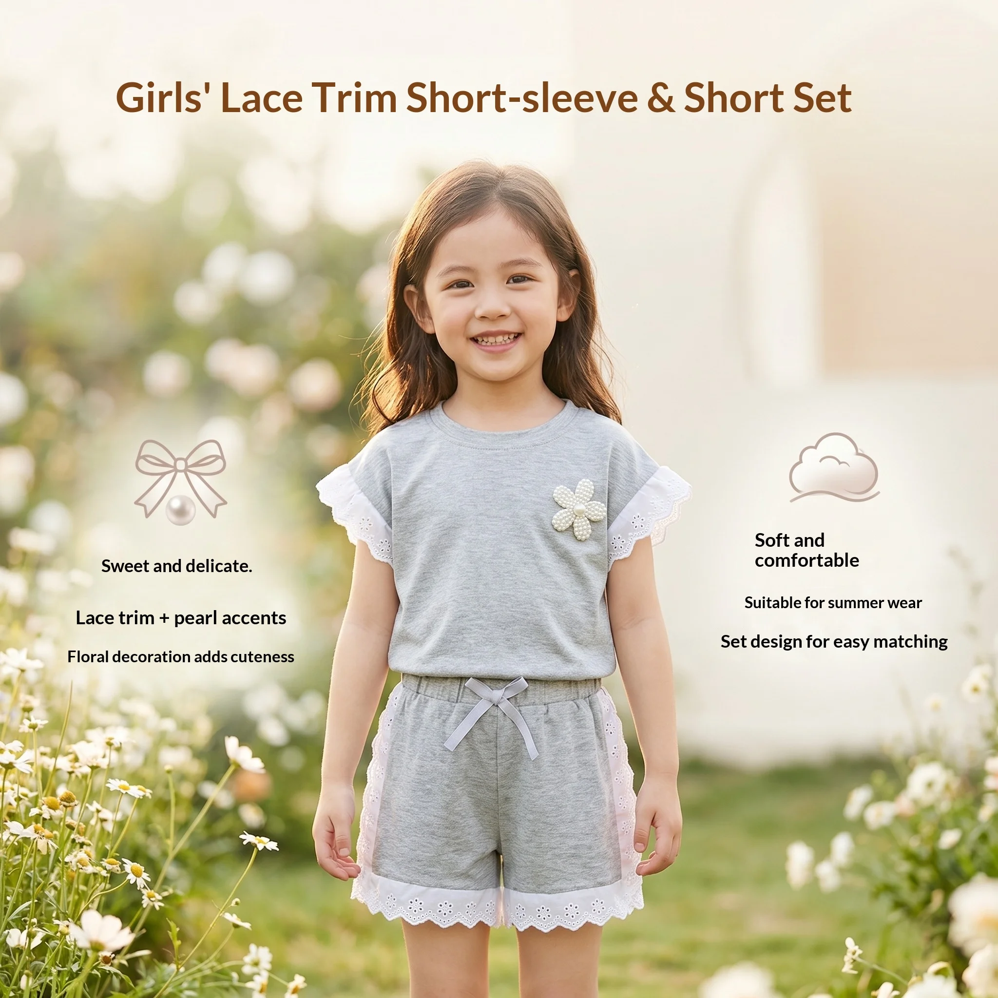 Conjunto verano niña con camiseta de encaje y pantalón corto - imagen 2