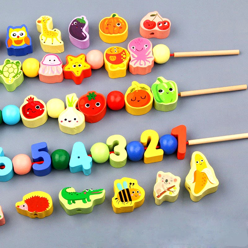 Juguete Montessori de madera: frutas y animales, enhebrado educativo - imagen 4