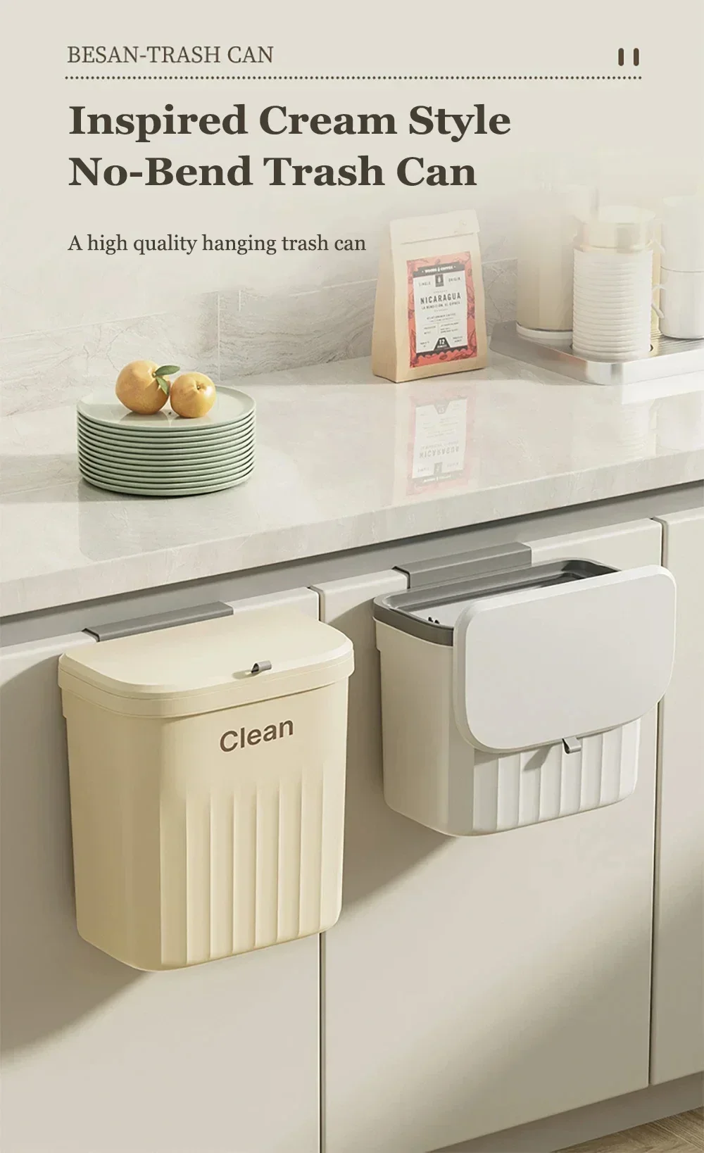 Cubo de basura de cocina 8.5L colgante con tapa vista frontal
