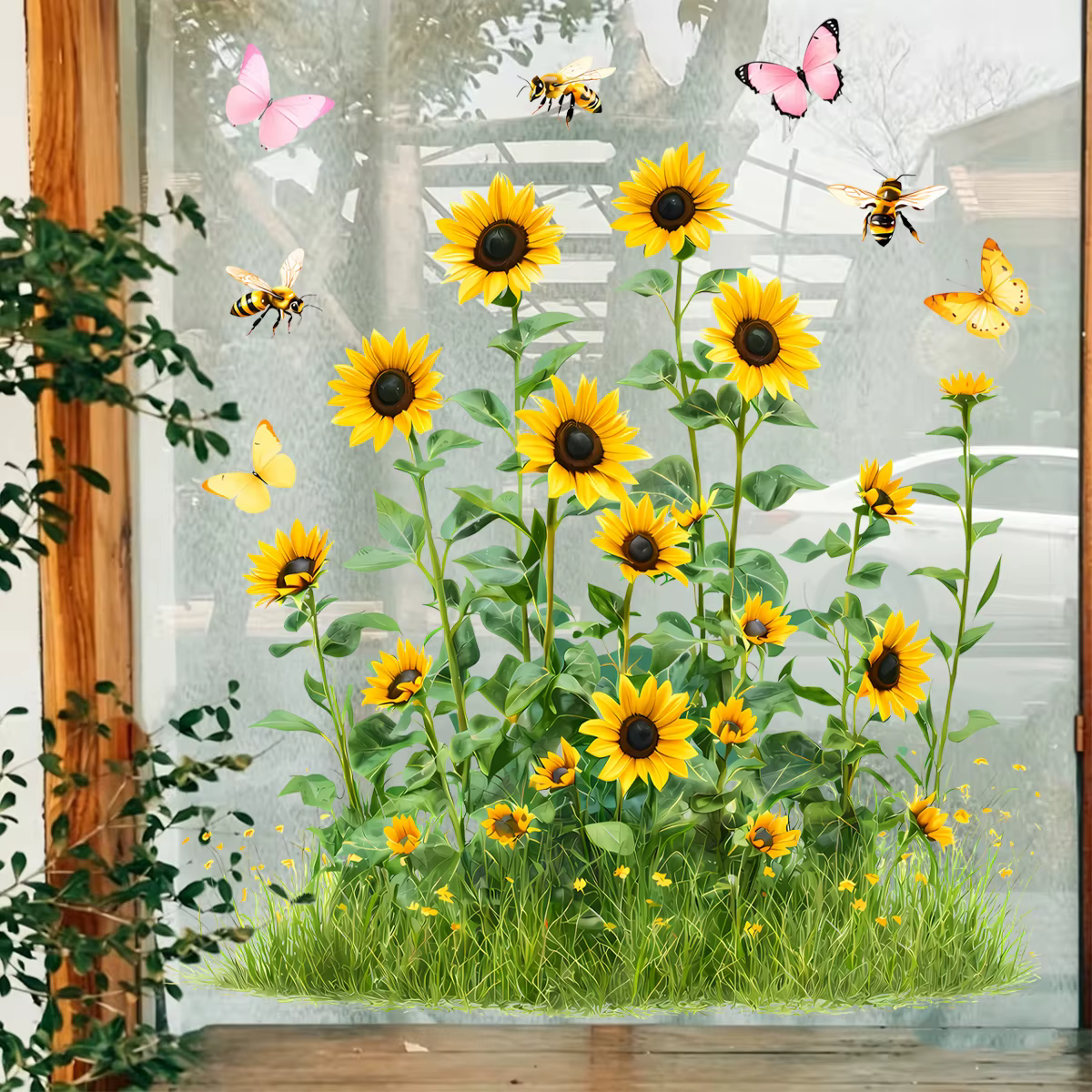 Pegatinas para ventanas estáticas reutilizables girasoles y abejas - imagen 3