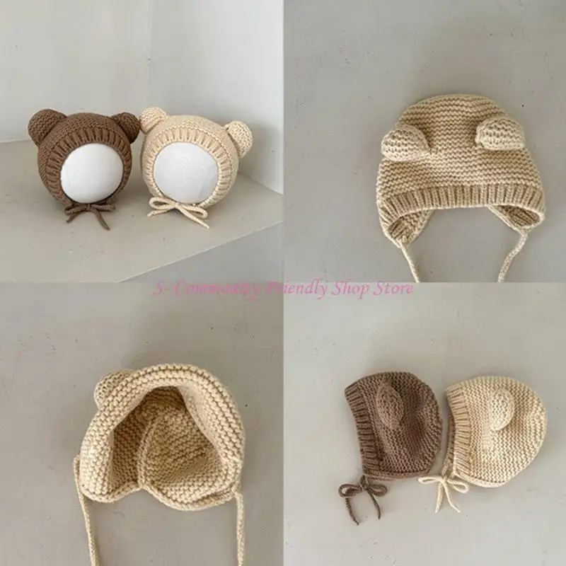 Gorro bebé con orejas de oso tejido suave y dibujos animados tierno - imagen 2