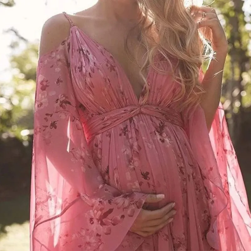 Vestido de embarazo veraniego rosa estampado para fotos premamá - imagen 3