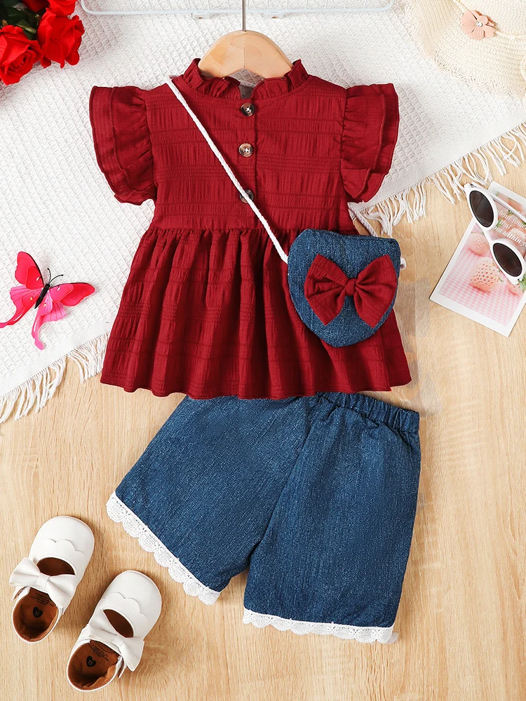 Conjunto de bebé niña volantes vino con pantalón corto vaquero y bolso - imagen 3