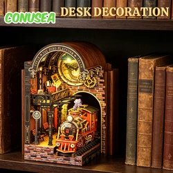 Maqueta de tren 3D DIY con casa en miniatura y soporte libros