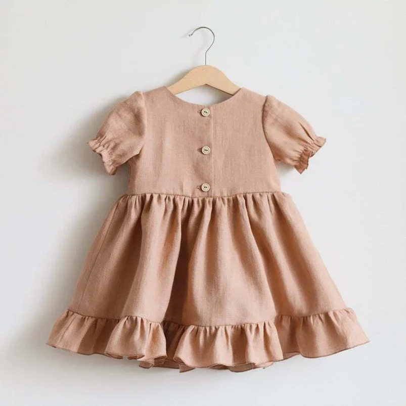 Vestido de lino niña vintage manga corta y cuello redondo - imagen 3