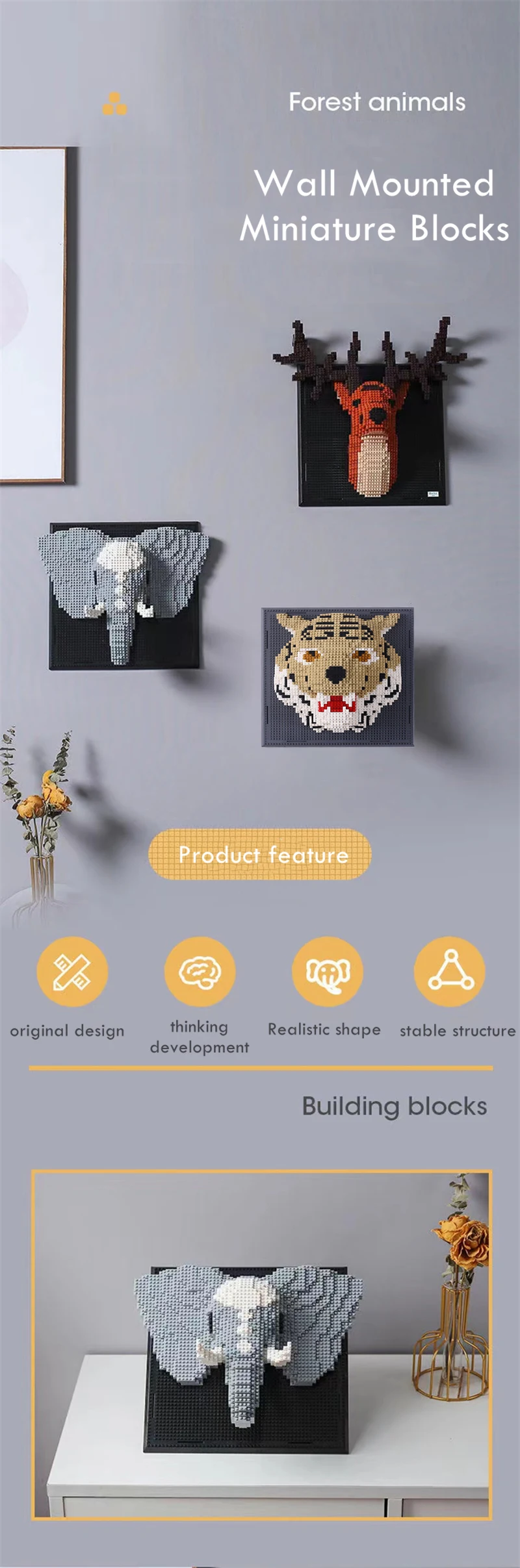 Cabezas de animales en bloques de construcción 3D