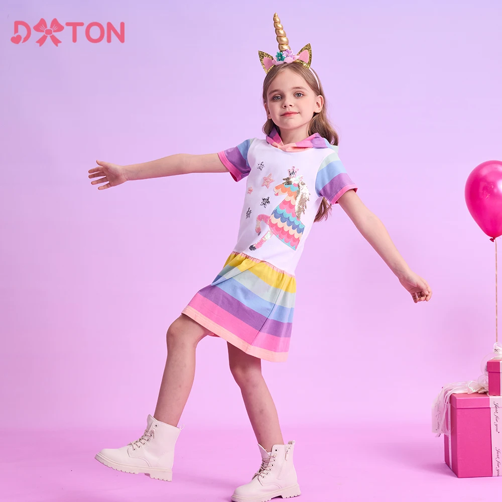 DXTON vestido de verano con capucha para niña – algodón unicornio